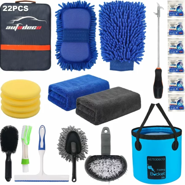 22Pcs Car Wash Cleaning Tools Kit Set With Blue Canvas Bag Collapsible Bucket Mitt Sponge Towels Tire Brush Scraper Duster