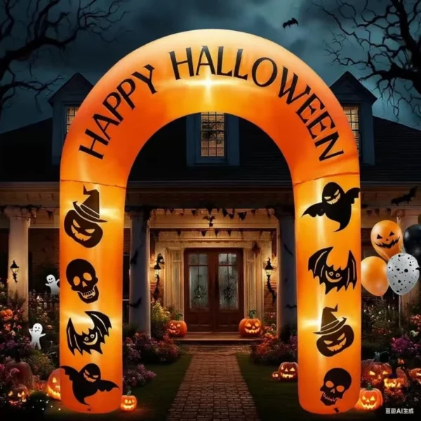 8FT Halloween Inflatable Arch with LED Lights, Ghost, Pumpkin, Bat & Skull Patterns, Blow Up Outdoor Indoor Yard Lawn Decor