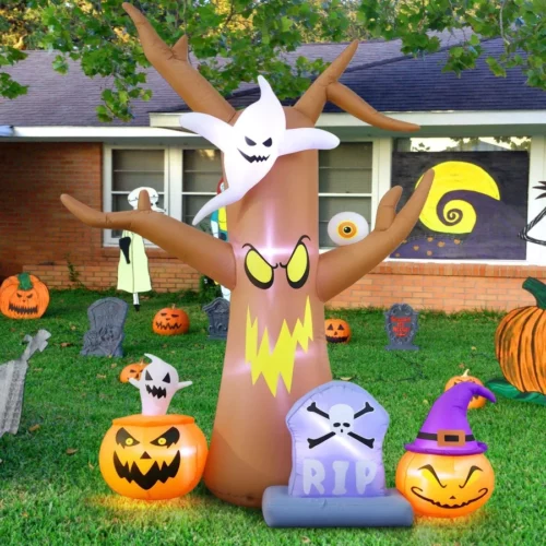 8FT Halloween Inflatables Tree Blow Up Yard Scary Dead Tree with Pumpkin Ghost Tombstone Inflatable 01