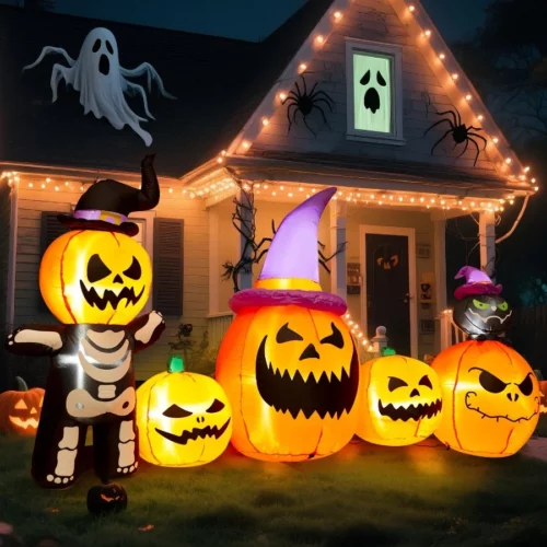8FT Long Halloween Inflatable Pumpkins Outdoor Decorations 5 Blow up Pumpkins with Witch Cats Built 08