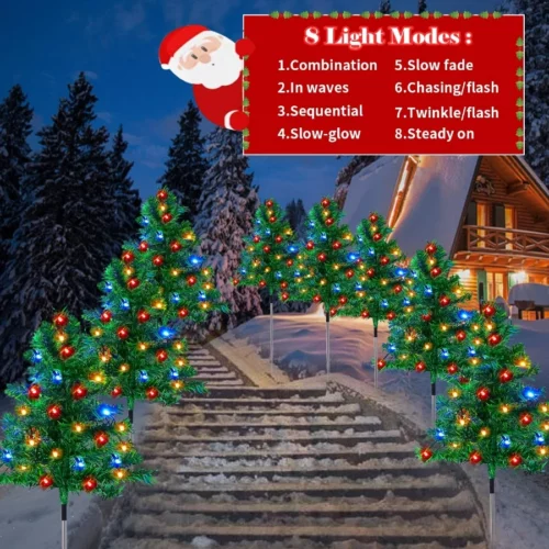 8PCS Solar Christmas Tree for Outdoor Christmas Decorations 8 Lighting Modes Pathway Lights with 160 07
