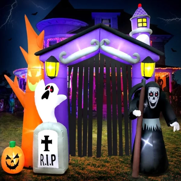 9 FT Halloween Inflatables Haunted House Castle Archway Decoration with Led Light Halloween Inflatables
