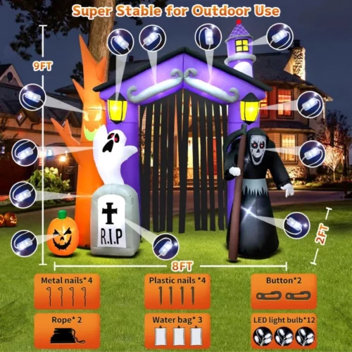 9 FT Halloween Inflatables Haunted House Castle Archway Decoration with Led Light Halloween Inflatab 06