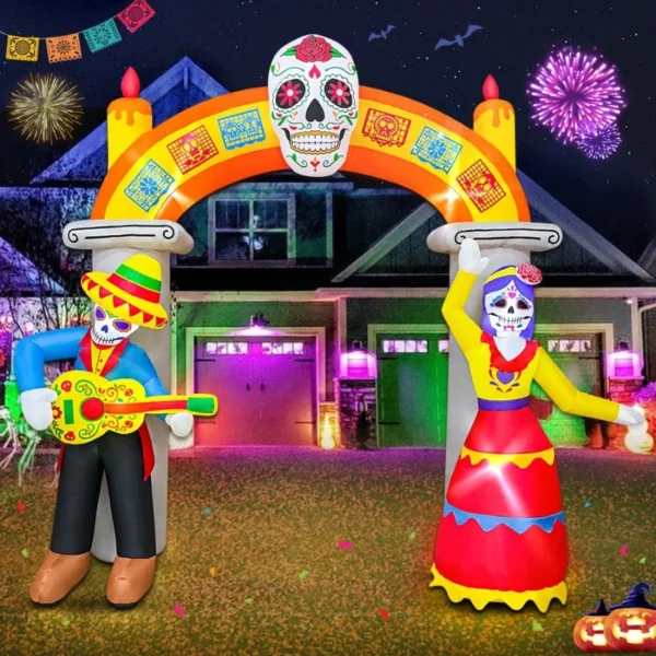 Halloween Inflatable 9FT Dia De Los Muertos Archway with Skull Skeleton & LED Lights, Outdoor Yard Lawn Garden Decor
