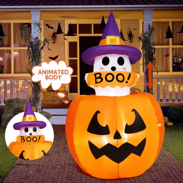 5.2Ft Long Halloween Inflatables Ghost Outdoor Decoration Waterproof Blow Up Yard Cute Ghosts With Book Built-In Leds