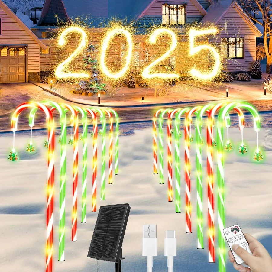 Amzxart Solar Pathway Lights Outdoor Christmas Decoration10 Piece Set 8 Modes Solar Candy Cane Ligh 08