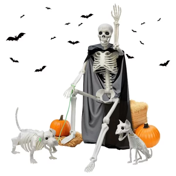 3 FT Skeleton Halloween Decorations, 36" Posable Skeleton with Dog & Cat Skeletons, 5-in-1 Plastic Creepy Movable Joint Skeleton for Yard Party Decor