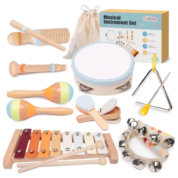 Baby Musical Instruments Set, Montessori Wooden Percussion Toys Xylophone Maracas Tambourine for Toddlers Kids Ages 18M-4 Years