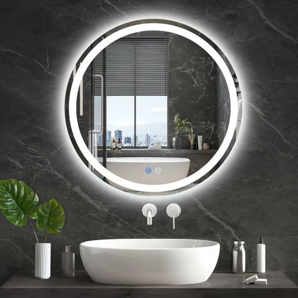 24 Inch LED Round Lighted Bathroom Mirror, Wall Mounted Vanity Mirror with Anti-Fog, Dimmable 3 Color