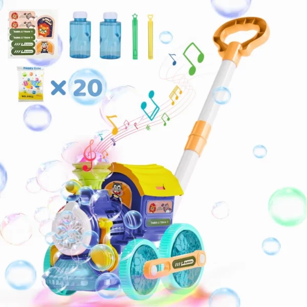 Bubble Machine Blower Maker, Bubble Lawn Mower & Music Train with Light, Outdoor Push Toys for Toddlers Kids 1-8 Birthday Gift