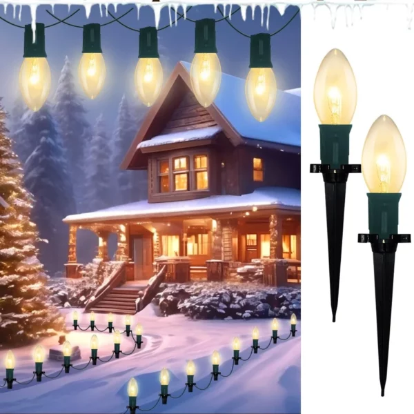 C9 Christmas Pathway Lights 30 Ft with 24 Warm White Bulbs, Outdoor Waterproof Holiday Yard Decorations