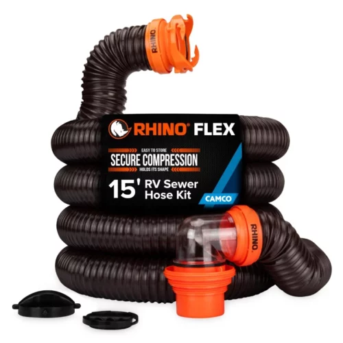 Camco RhinoFLEX 15 Ft RV Sewer Hose Kit Features Clear Elbow Fitting wRemovable 4 in 1 Adapter C 07