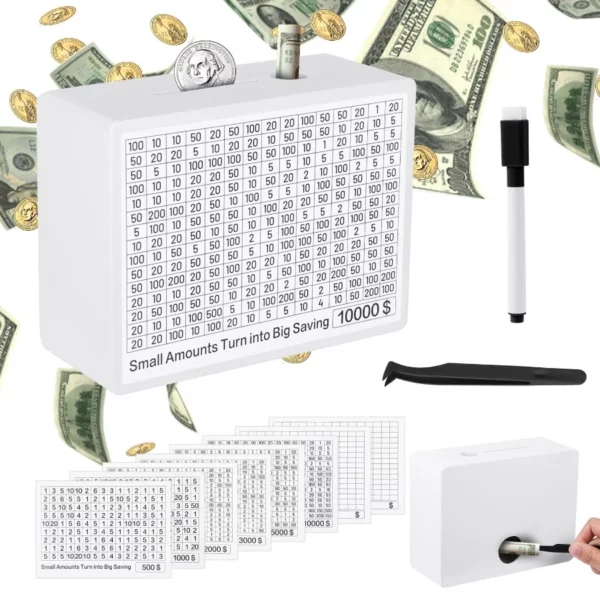 Wooden Cash Vault Piggy Bank, 8 Target 500-10000 Challenge Box For Money Saving Goals, Adults And Kids