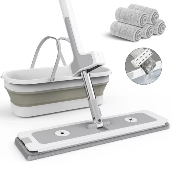 Spin Mop And Bucket Set With Wringer Heavy Duty Flat Head Microfiber Mop For Floors And Walls Includes 5 Washable Pads Wet Dry Cleaning