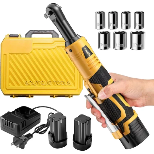 Cordless Ratchet Wrench 3/8 Drive Electric Ratchet Kit 44Ft-Lbs With 2Pack 2000mAh Batteries Fast Charger 7 Sockets