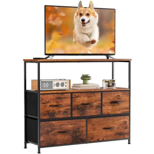 DUMOS TV Stand Dresser for Bedroom with 5 Fabric DrawerEntertainment Center for 45 inch Television 01