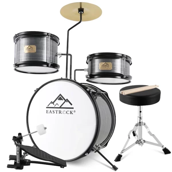 Junior Drum Set 3-Piece Beginner Kit With Bass, Tom-Tom, Snare, Cymbals, Pedal, Drum Sticks And Stool, Black Musical Instrument