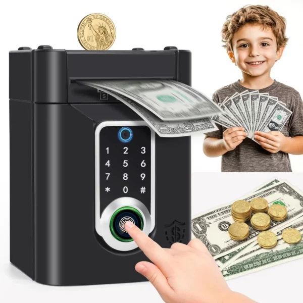 Fingerprint Piggy Bank For Kids, Touchscreen Electronic Money Saving Box ATM Toy Gift For Boys And Girls Ages 4-13