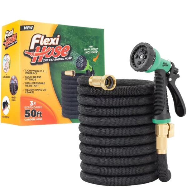 Flexi Hose with 8 Function Nozzle, 50FT - Lightweight Expandable Garden Hose 3/4 Inch Solid Brass Fittings and Double Latex Core