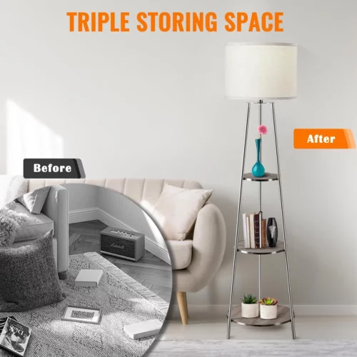 Floor Lamp Standing Lamp with White Fabric Shade 3 Tier Round Corner Shelf 02