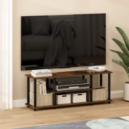 Furinno Turn N Tube No Tools 3D 3 Tier Entertainment TV Stand up to 50 inch TV Round Tubes Dark Br 02