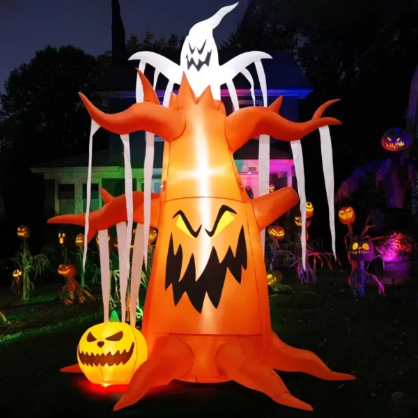 10FT Halloween Inflatable Scary Dead Tree with Pumpkin & Ghost, Built-in LED Lights, Blow Up Outdoor Yard Lawn Garden Decor