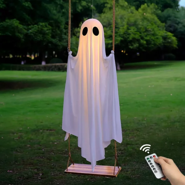 Halloween Decorations Outdoor 5Ft Large Hanging Ghost Swing With Remote Control String Lights Upgraded Sheet Scary Party Decor