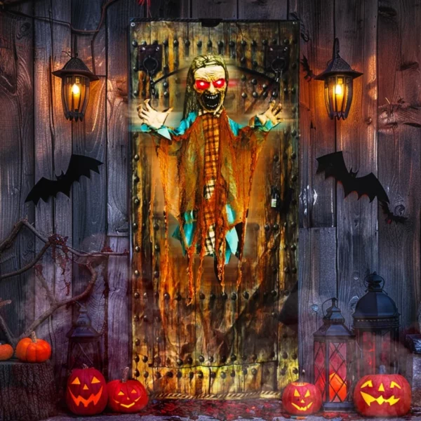 6FT Animated Hanging Halloween Zombie Ghost, Outdoor Halloween Decoration with Light-Up Eyes & Sound for Front Door, Yard & Haunted House