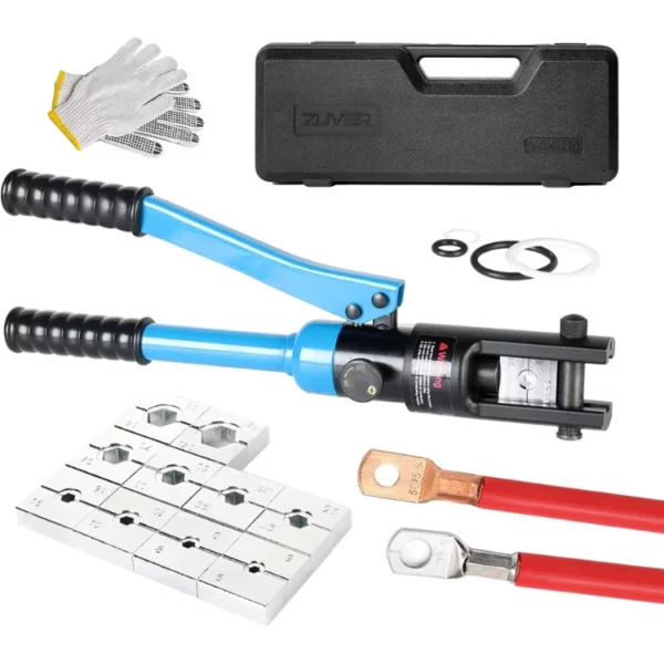12 Ton Professional Hydraulic Cable Lug And Electrical Terminal Crimping Tool With Gloves Easy Popout Latch Head Design 10 Pairs