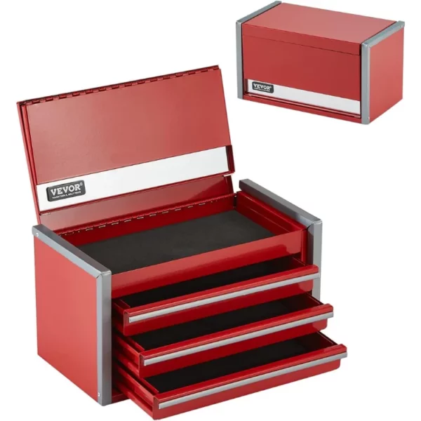 Portable Metal Tool Box With 3 Drawers Small Tool Chest With EVA Liners PP Feet Pads Heavy Duty Steel Ball Bearing Opening Powder Coated
