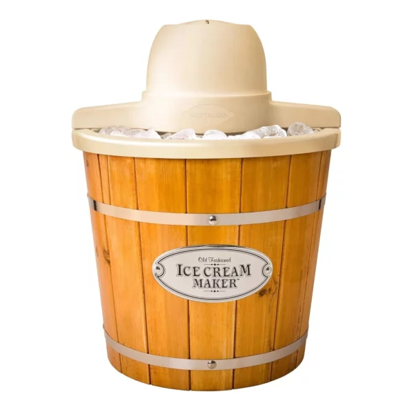 Electric Ice Cream Maker - Old Fashioned Soft Serve  Frozen Yogurt  - Vintage Wooden Style - Light Wood - 4 Quart