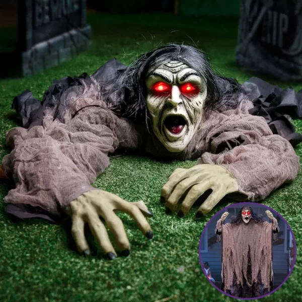 JOYIN Outdoor Halloween Zombie Prop, Hanging Groundbreaker with Green Face & Light-Up Eyes for Graveyard, Yard, Lawn & Haunted House Decor