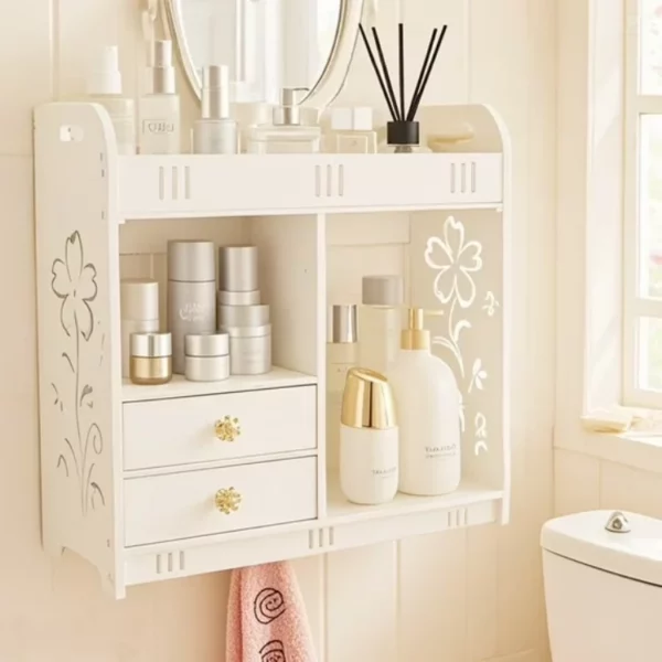 Wall Mounted Bathroom Medicine Cabinet, Small Over Toilet Storage Organizer with Shelves and Drawers, White