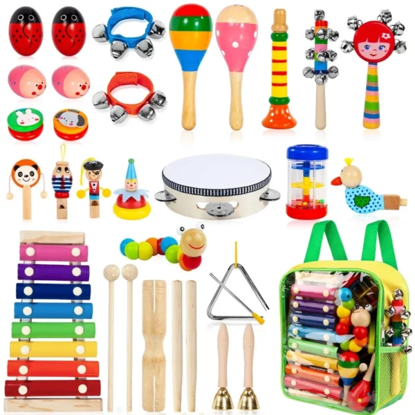 33PCS Kids Musical Instruments, Wooden Percussion Set with Tambourine Xylophone, Educational Preschool Music Toys for Boys Girls