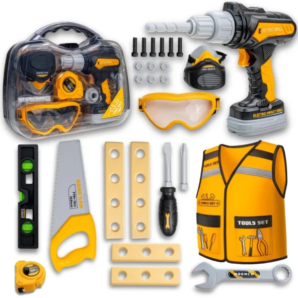 Kids Tool Set with Carrying Case, Electronic Toy Drill & Construction Vest, Pretend Play Tools with Safety Goggles Nuts Bolts