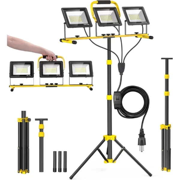 21000 Lumen LED Work Lights with Stand 3 Head Portable Tripod Work Light IP66 Waterproof with 16FT Cord for Outdoor Garage