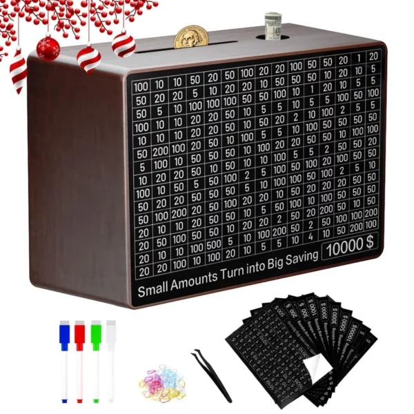 Wooden Cash Saving Box - Money Savings Box Challenge 10000 5000 3000 2000 1000 500 - Wooden Money Box Includes 8 Saving Targets