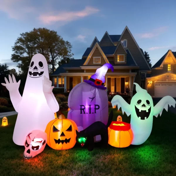 Halloween Inflatable 8FT Blow Up Ghost Cat Pumpkin with LEDs, Large Outdoor Indoor Garden Lawn Yard Holiday Decor
