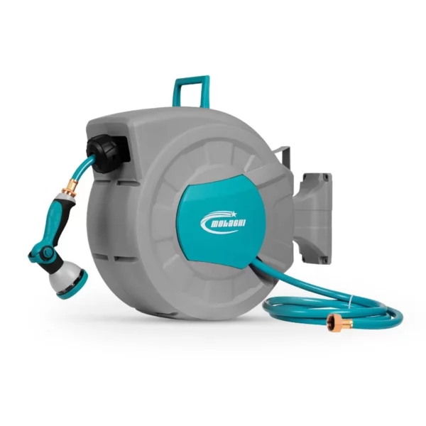MOLACHI Retractable Garden Hose Reel, 1/2 Inch x 100 ft Wall Mounted Hose Reel, with 9- Function Sprayer Nozzle, Any Length Lock