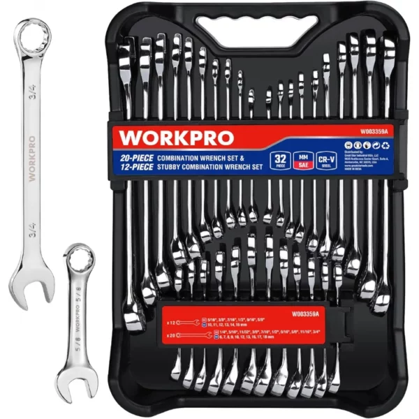 32Pcs SAE & Metric Combination Wrench Set 20 Standard 12 Stubby Wrenches With Organizer Tray Steel Mirror Chrome
