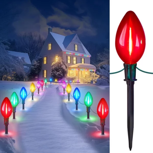 Outdoor C9 Christmas Pathway Lights, 13.5Ft 10 LED String with Stakes, Plug-in Waterproof Holiday Decor