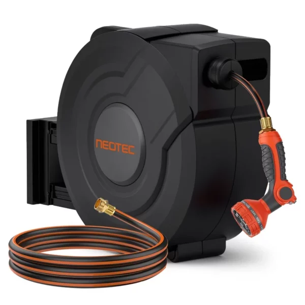 NEOTEC Retractable Garden Hose Reel 100ft - Wall Mounted Heavy Duty Hose Reel Brass Fittings 9-Pattern Nozzle-Auto Rewind System