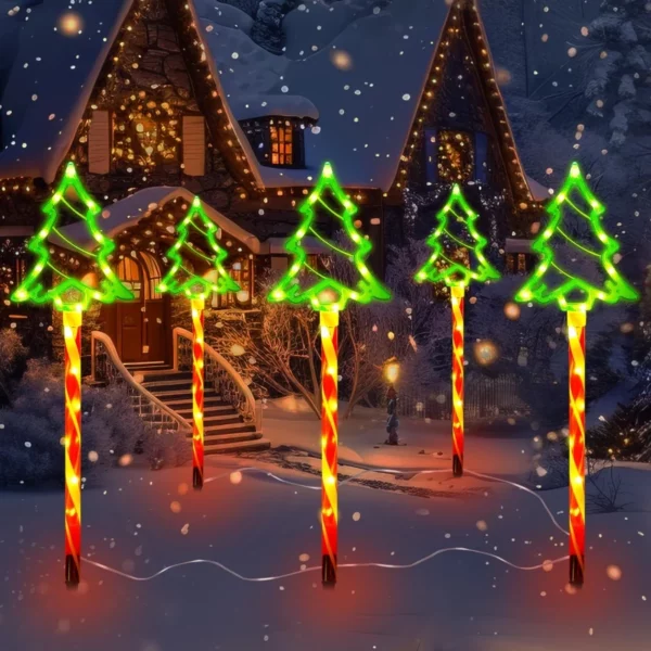 Outdoor Christmas Pathway Lights, 5 in 1 Candy Cane Tree, Waterproof LED with 8 Lighting Modes for Lawn