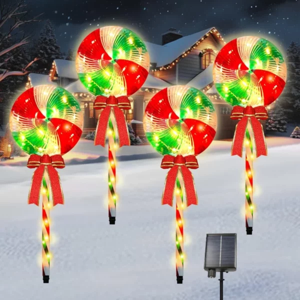 Outdoor Christmas Yard Decorations, 4 Pack Lollipop Peppermint Pathway Lights, Warm White LED Walkway Stakes
