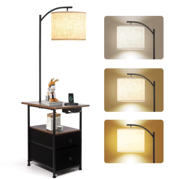 Side Table Floor Lamp with 2 Drawers, 3 CCT LED Reading Light, USB/Type-C/AC Charging for Bedroom & Office