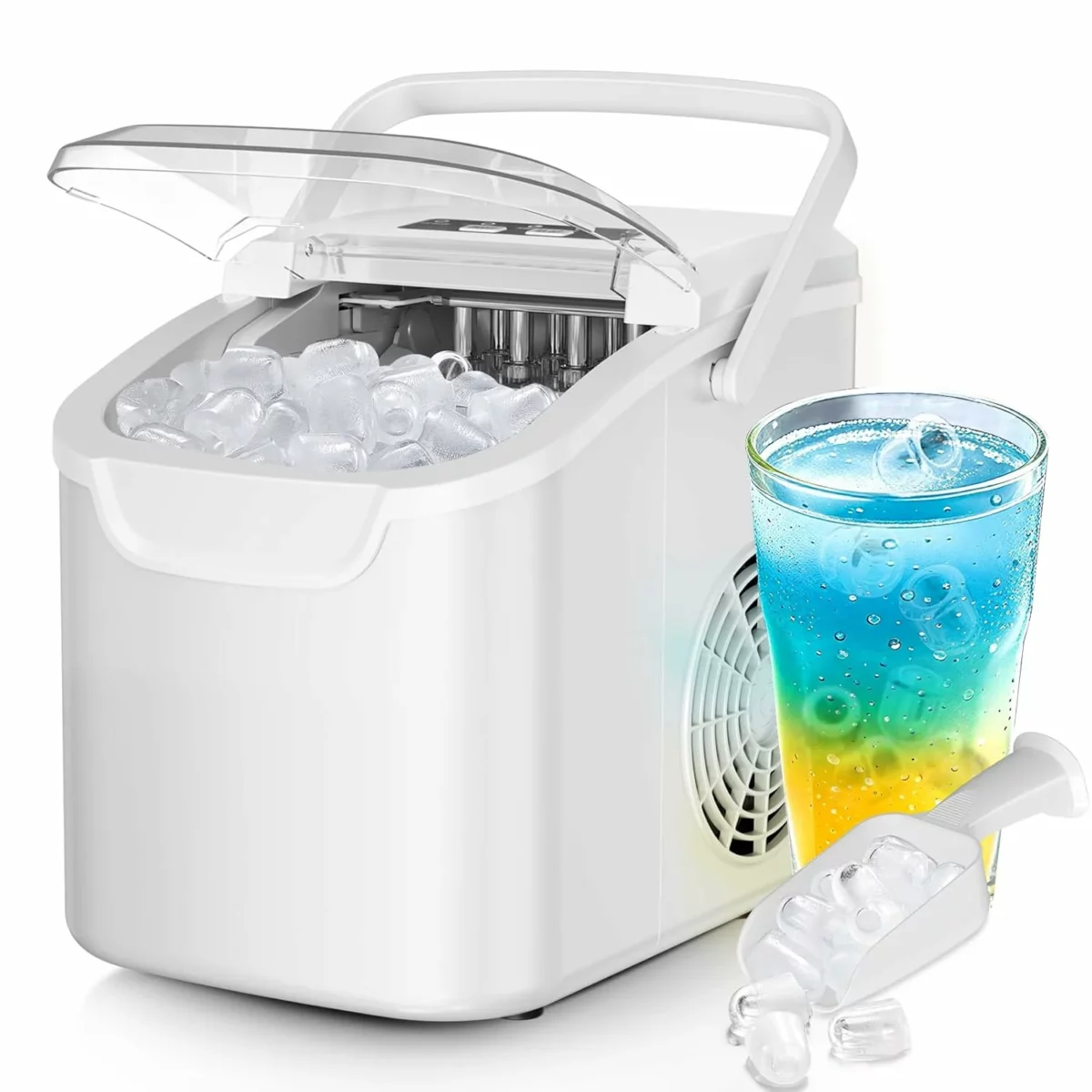Portable Ice Makers Countertop Machine with Handle 9 Bullet Ice Cubes in 6 Mins 26lbs Auto Cleaning with Basket and Scoop