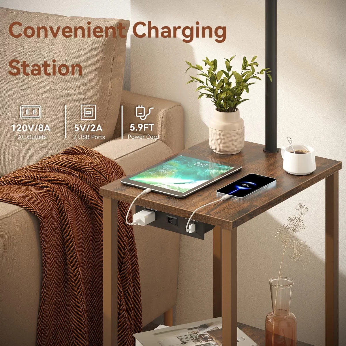 SUNMORY Floor Lamp with Table End Table for Living Room with Lamp Shelves Side Table with Charging 04