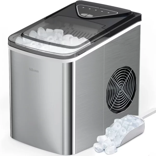 Portable Countertop Ice Maker, 9 Cubes In 6 Mins, 26Lbs Daily, Self-Cleaning, 2 Ice Sizes, With Scoop & Basket, Stainless Steel.