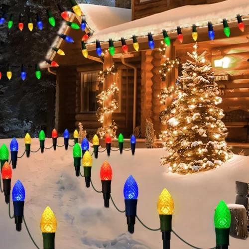 Solar Christmas Pathway Lights 20 LED C9 String Lights with 20 Stakes 23FT Solar Powered Multicolo 01