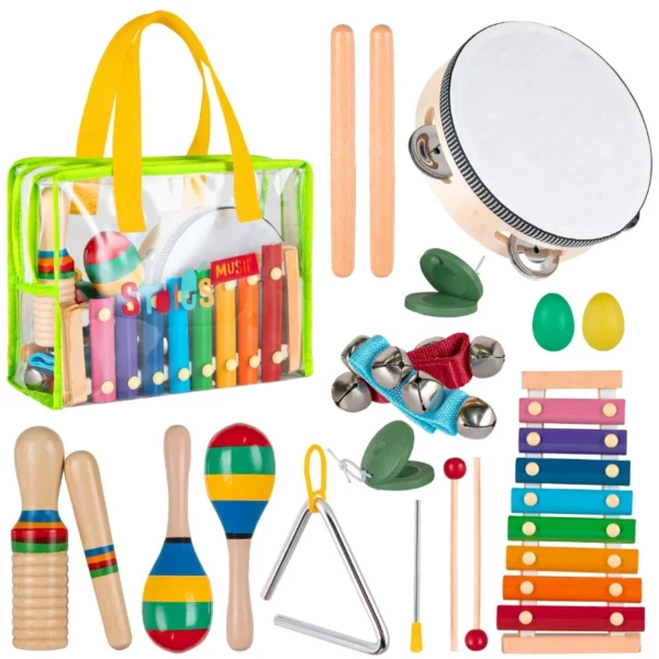 Preschool Musical Instruments Set for Toddlers 3-5, Wooden Percussion Toys with Xylophone Tambourine Maracas, Music Learning Gift